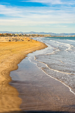 Golden sand on Malvarrosa beach on the Mediterranean coast, Valencia.