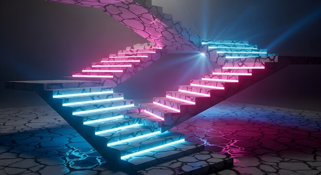 Abstract Neon Staircase with Cracked Stone Texture