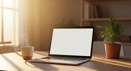 Fototapeta premium Modern laptop with blank screen placed on a wooden desk near a coffee cup and small green plant with warm sunlight from a window, representing remote work, productivity, and minimalist workspace desig