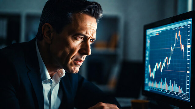 A man intently studies a fluctuating stock chart, displaying worry and concern.