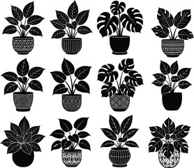Black silhouette vector set of various indoor potted houseplants including monstera and philodendron in decorative ceramic pots isolated on a plain white background. © MdAzizulHaque