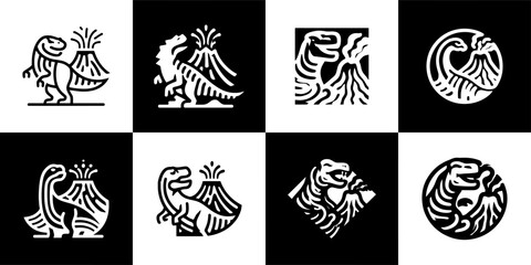 Icon Set Vector of 8 Dinosaur with Erupting Volcano Prehistoric Icons © Ghaghah24
