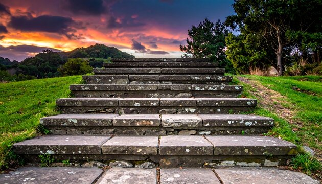 Stone steps ascend toward a vibrant sunset sky, bordered by green grass and trees on either side