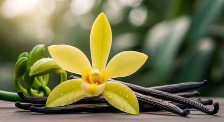 Fototapeta premium Yellow Orchid with Vanilla Beans on Wooden Surface