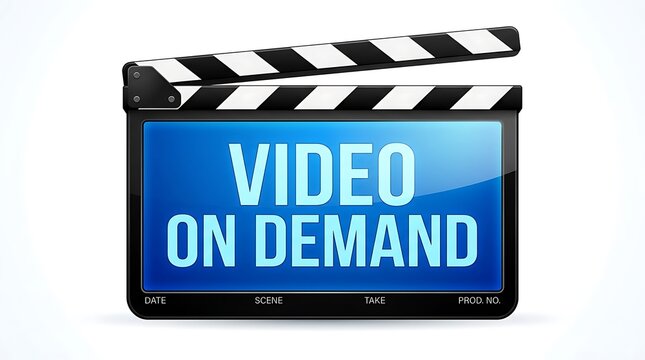 A clapperboard with a blue screen displaying video on demand against a white background