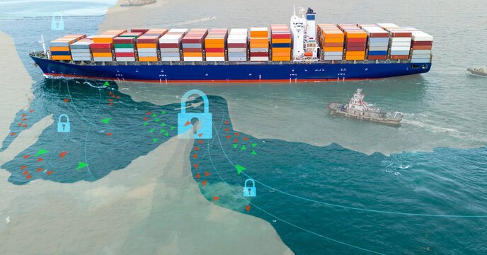 Global trade disruption concept with container ships blocked from entering or exiting the Strait of Hormuz. Maritime blockade and geopolitical tension affecting international supply chain and shipping