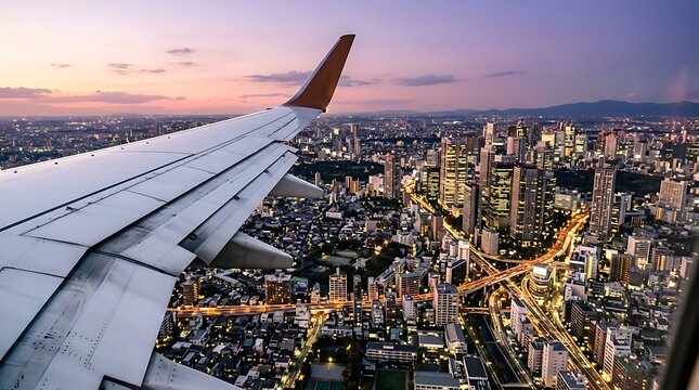 Aerial view of a city at dusk with an airplane wing in the foreground