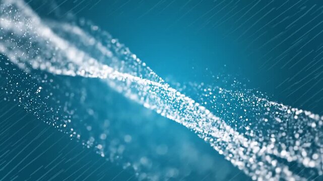 Abstract glowing particles flowing in a digital stream on a blue background.