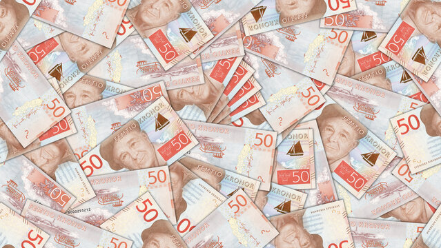 Finance illustration. Seamless pattern. Disorganized scattered banknotes of 50 kronor, Kingdom of Sweden. Swedish money. Textured background or wallpaper. Obverse and reverse. Bills of fifty crown