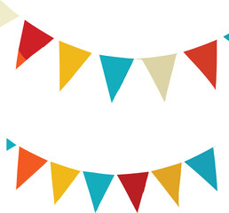 Colorful triangular bunting flags garland set isolated on white background, festive decoration elements for party, celebration, birthday, wedding, holiday, and event 