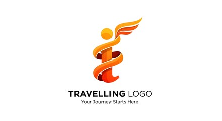 Obraz premium Travel logo design with golden wings and red ribbon symbolizing journey and adventure for business branding