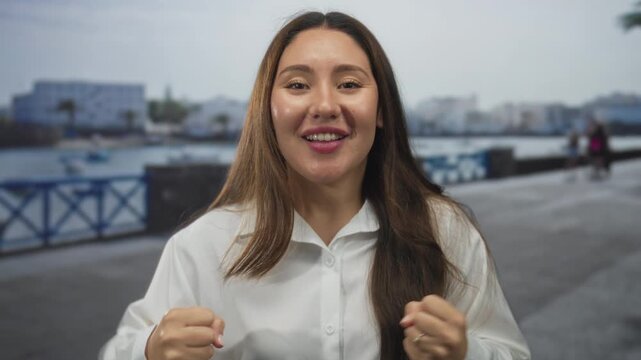 Young hispanic woman in white shirt holds clenched fists at a sunny port under bright daylight; determination motivation.