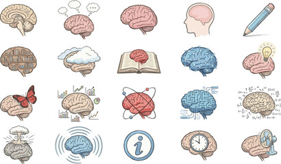 human brain concept icons set, creativity intelligence learning neuroscience symbols, education psychology thinking process collection flat vector illustration © MstSelina