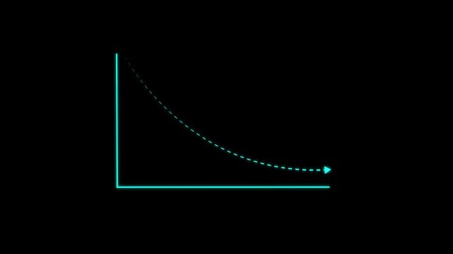 Red neon arrow showing downward or decreasing market trend on black grid background. Futuristic glowing line graph indicating decline, negative growth, or decreasing analytics statistics concept.