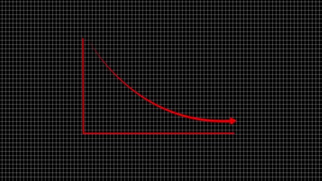 Red neon arrow showing downward or decreasing market trend on black grid background. Futuristic glowing line graph indicating decline, negative growth, or decreasing analytics statistics concept.