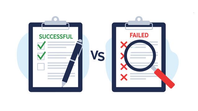 Comparison of a successful checklist with green marks versus a failed one under a magnifying glass for business audit or assessment.