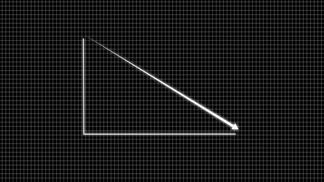Red neon arrow showing downward or decreasing market trend on black grid background. Futuristic glowing line graph indicating decline, negative growth, or decreasing analytics statistics concept.