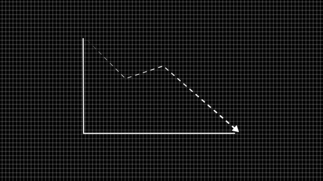 Red neon arrow showing downward or decreasing market trend on black grid background. Futuristic glowing line graph indicating decline, negative growth, or decreasing analytics statistics concept.