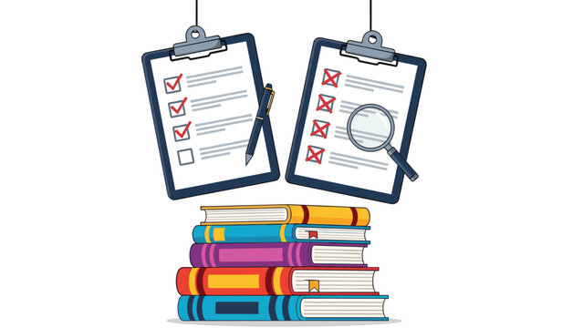 Educational assessment and grading shown with stack of books and clipboards containing checkmarks and red cross marks.