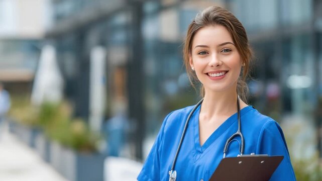 Smiling Nurse, a Symbol of Health: A radiant healthcare professional, adorned in scrubs, stands as a beacon of compassion and hope, exuding a gentle warmth that reassures and comforts.