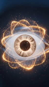 Realistic CGI visualization of eye development with shimmering particles symbolizing nutritional support in a dark blue scientific background
