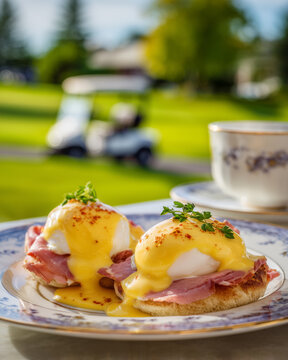 Classic yellow eggs benedict with pink bacon on a white plate on a green background