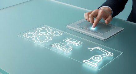 Hand touching digital business gears interface on futuristic screen
