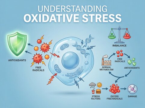 Conceptual illustration detailing the biological mechanisms of oxidative stress, its cellular impact, and antioxidant defense pathways
