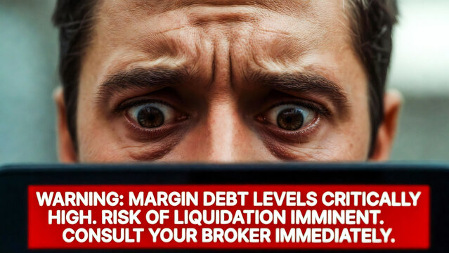 A man stares with wide, fearful eyes at a red warning sign displaying critical margin debt levels and imminent liquidation risk.
