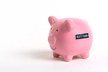 Obraz premium Pink ceramic piggy bank with SAVINGS label, symbol money saving and personal finance.