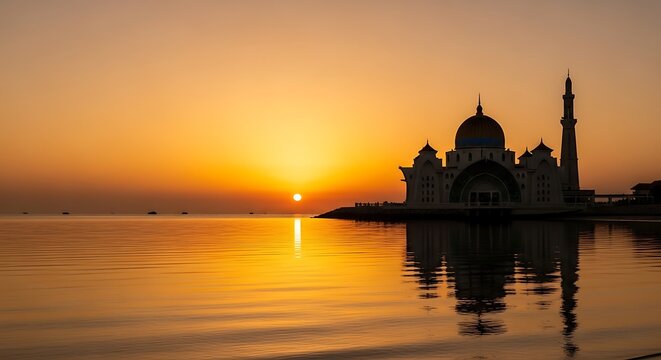 The sun sets over the serene waters of the sultan ahmed mosque in istanbul, turkey.