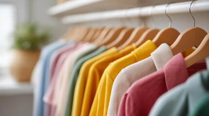 Neatly organized second hand clothing store with sorted garments by color on clean white rails, minimalist sustainable interior, defocused fitting room area behind, sustainable clo