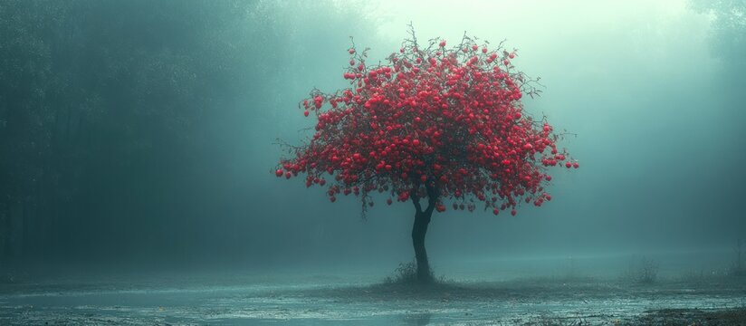 Misty red tree in a fog