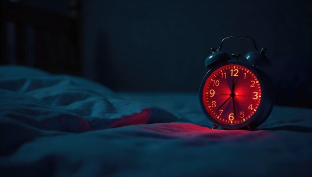 A shadowy bedroom scene, illuminated only by the glow of a digital clock displaying a late hour Stress and anxiety are palpable in the quiet darkness Insomnia, restless night , heavy, anxiety
