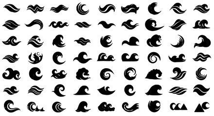 Naklejka premium Waves hand drawn set with various styles and shapes featuring water, ocean, sea with surf and art elements for design,