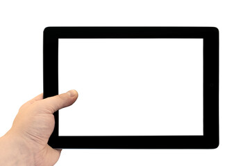 Empty tablet PC in hand isolated on transparent background. PNG file © boxerx