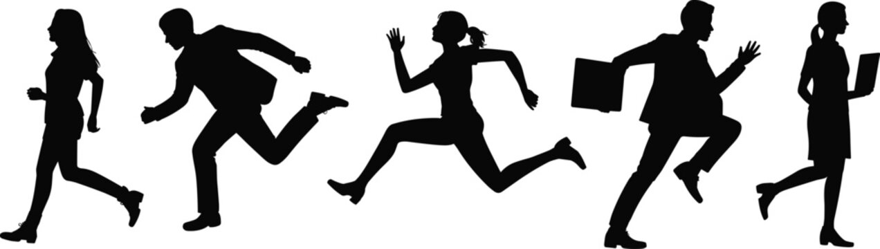 Running business people silhouettes professionals rushing with briefcase busy office workers career rush concept isolated black flat vector illustration
