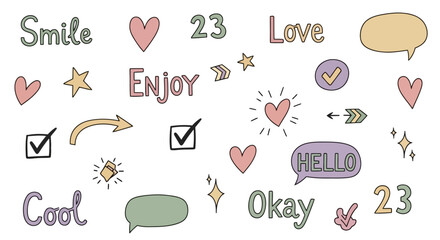 Cute hand-drawn doodles with positive words and symbols: smile, love, enjoy, cool, hello, hearts, stars, checkmarks, and speech bubbles.