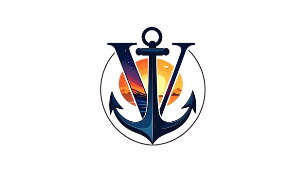 Stylized "V" anchor graphic, ocean sunset backdrop encased by a circle, on a white background