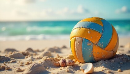 Obraz premium A volleyball rests on a sandy beach near the ocean, surrounded by seashells and driftwood, embodying the natural beauty of coastal volleyball , game, brown