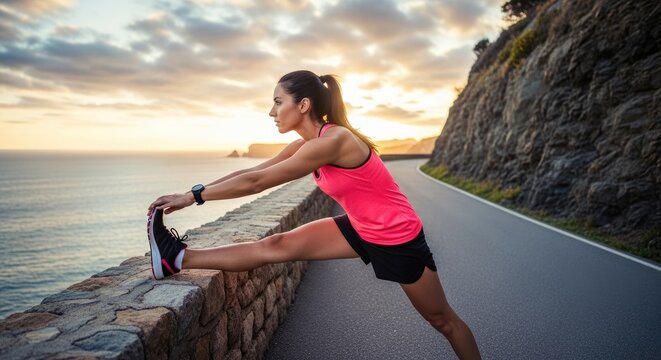 A fit woman stretches her leg while standing on a roadside wall overlooking the ocean. She is wearing a pink athletic top and black shorts.