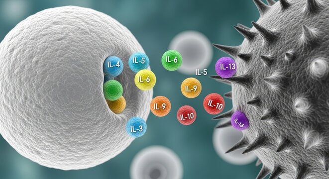 The image depicts a magnified view of a dendritic cell, a type of immune cell, with various interleukins displayed around it.
