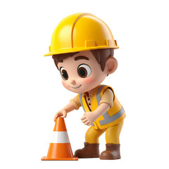 A cute cartoon boy in a yellow hard hat and safety vest placing an orange traffic cone on a white background.