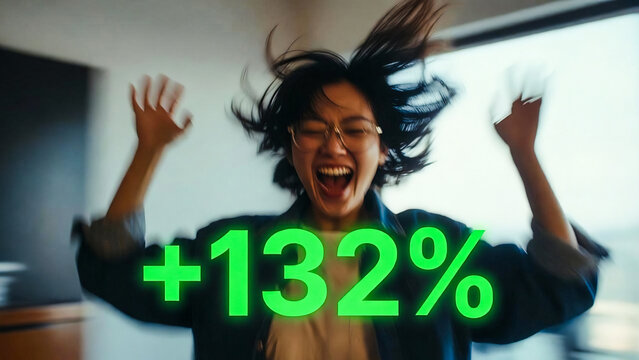A young woman screams with joy, arms raised, a +132% graphic overlays her ecstatic expression.