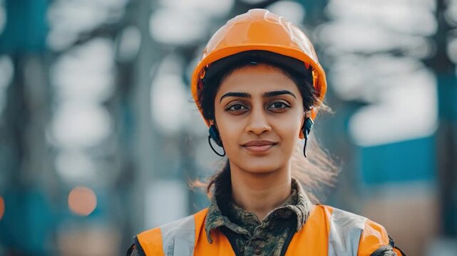 Empowered Builder's Portrait: A confident female construction worker stands tall, her bright orange safety helmet and reflective vest, embodying strength, skill.