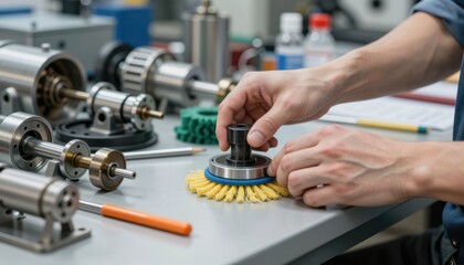 Professional mechanic assembling machinery parts in industrial workshop