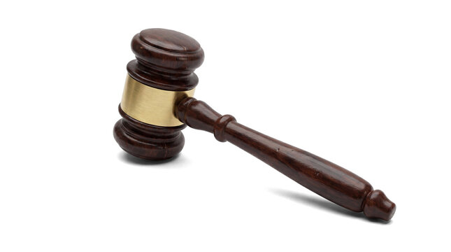 close-up view of a dark wooden judge's gavel with a metallic band, signifying legal proceedings and decisions, on a transparent background.