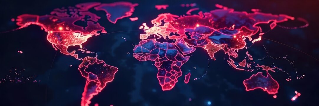 Global network connections visualized with illuminated fiber optic cables, representing international communication and data transfer across continents , innovation, transfer, data