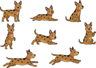 Obraz premium Cartoon vector illustration of brown dog with black spots red collar showing seven different poses standing sitting running jumping lying down