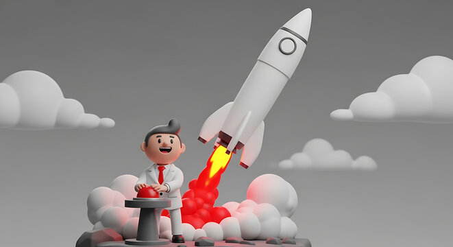 Cartoon businessman launching a rocket into space with excitement